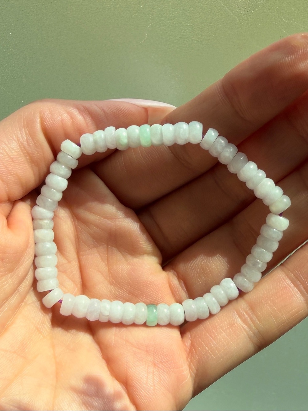 Lavender White and Green Jadeite Jade Beaded Stretch Bracelet